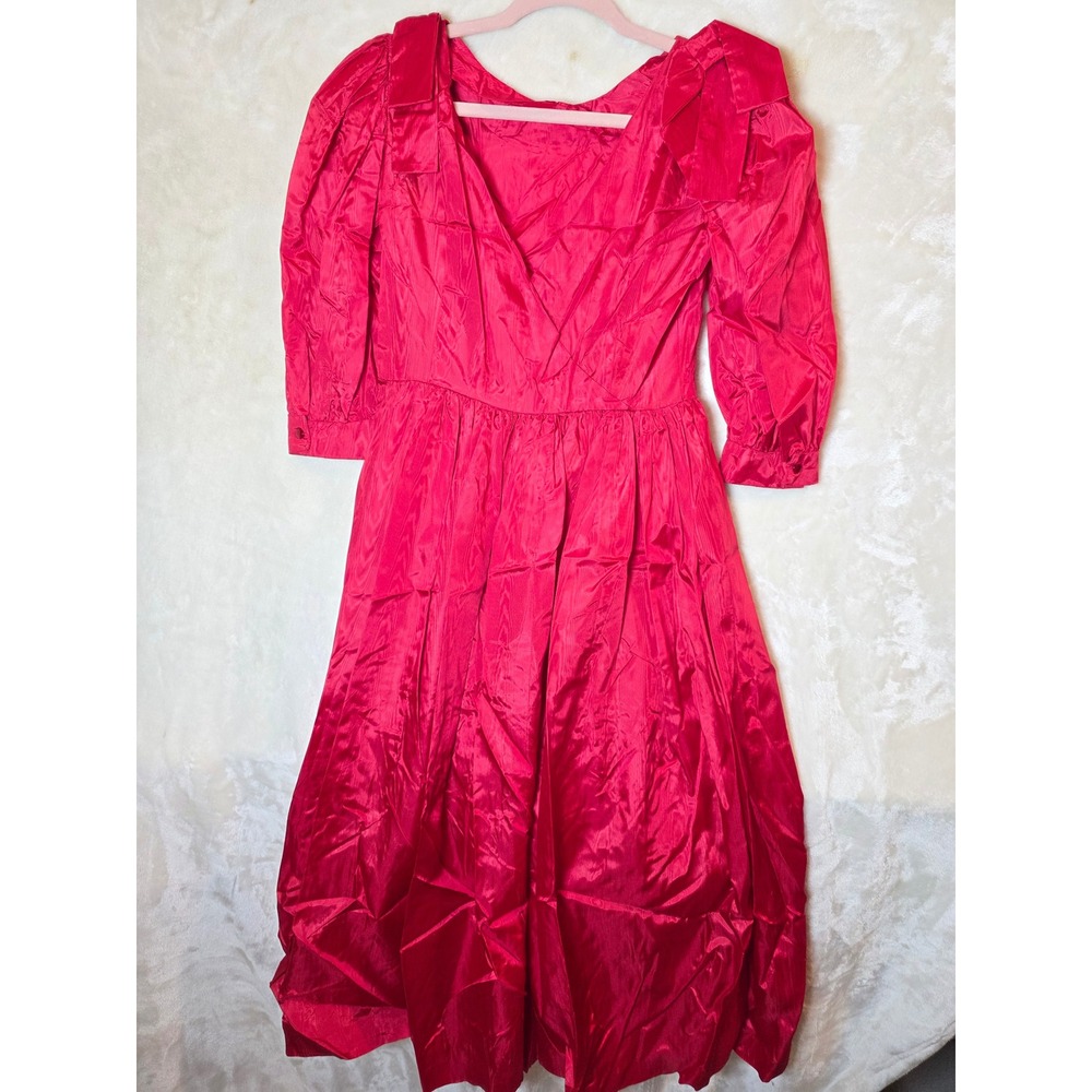 Homemade Vintage 80s Red Taffeta Bow Shoulder Cocktail Party Dress Midi Prom Red